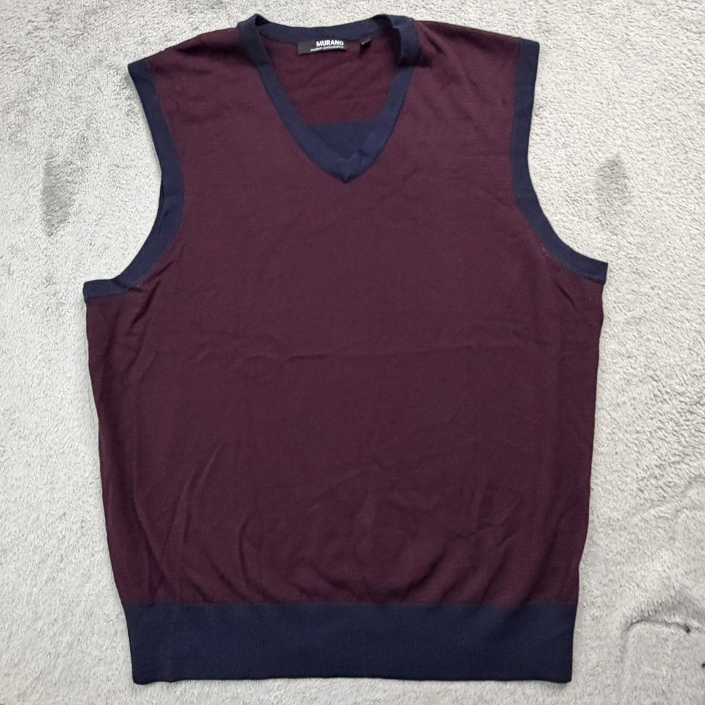 Murano Modern Performance Mens Large Burgundy Navy V-Neck Sweater Vest Knit L